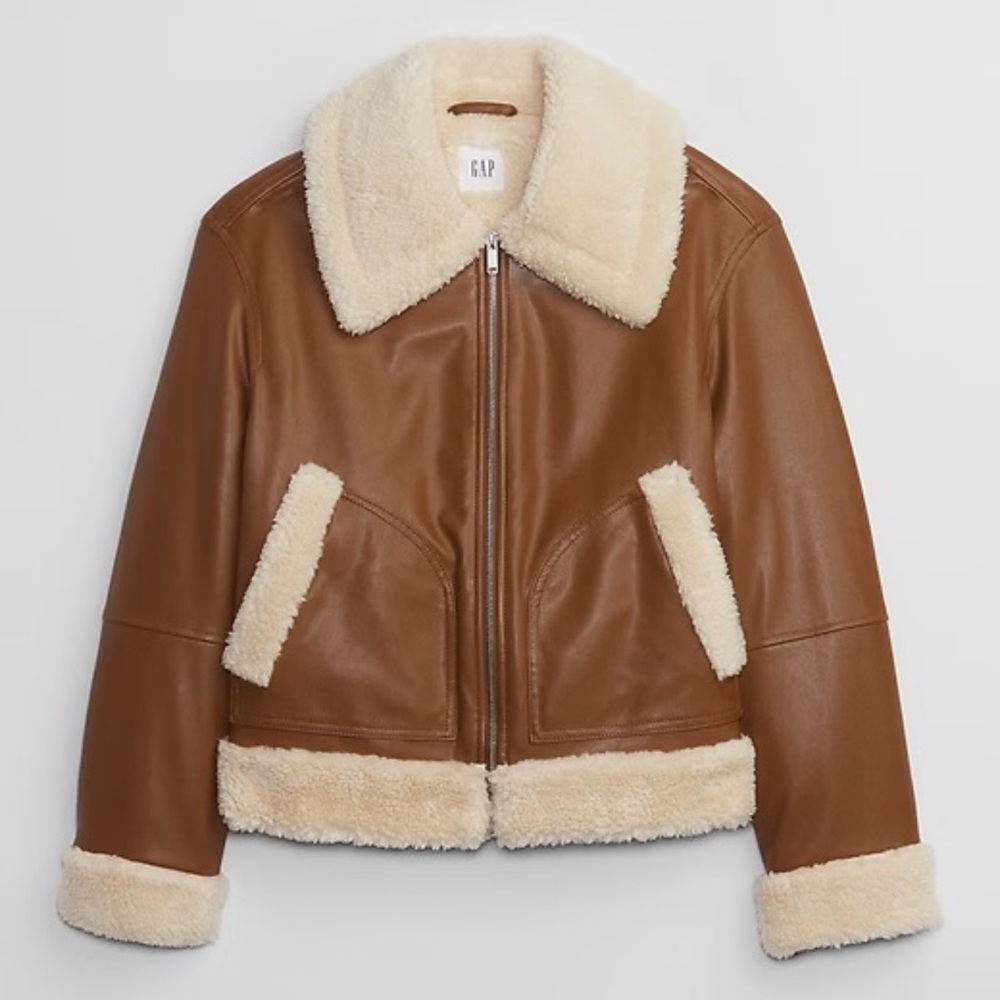GAP Relaxed Vegan-Leather Sherpa Bomber Jacket - Women’s Small
